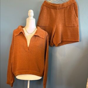 Free People Beach Rust Textured Knit Sweater and Shorts Set